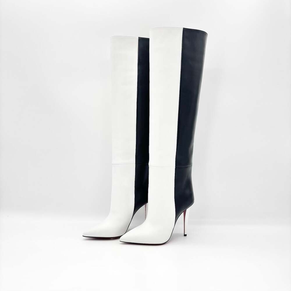 NIB Christian Louboutin Astrilarge Botta 100 Black White Pointed Toe Boots 37.5